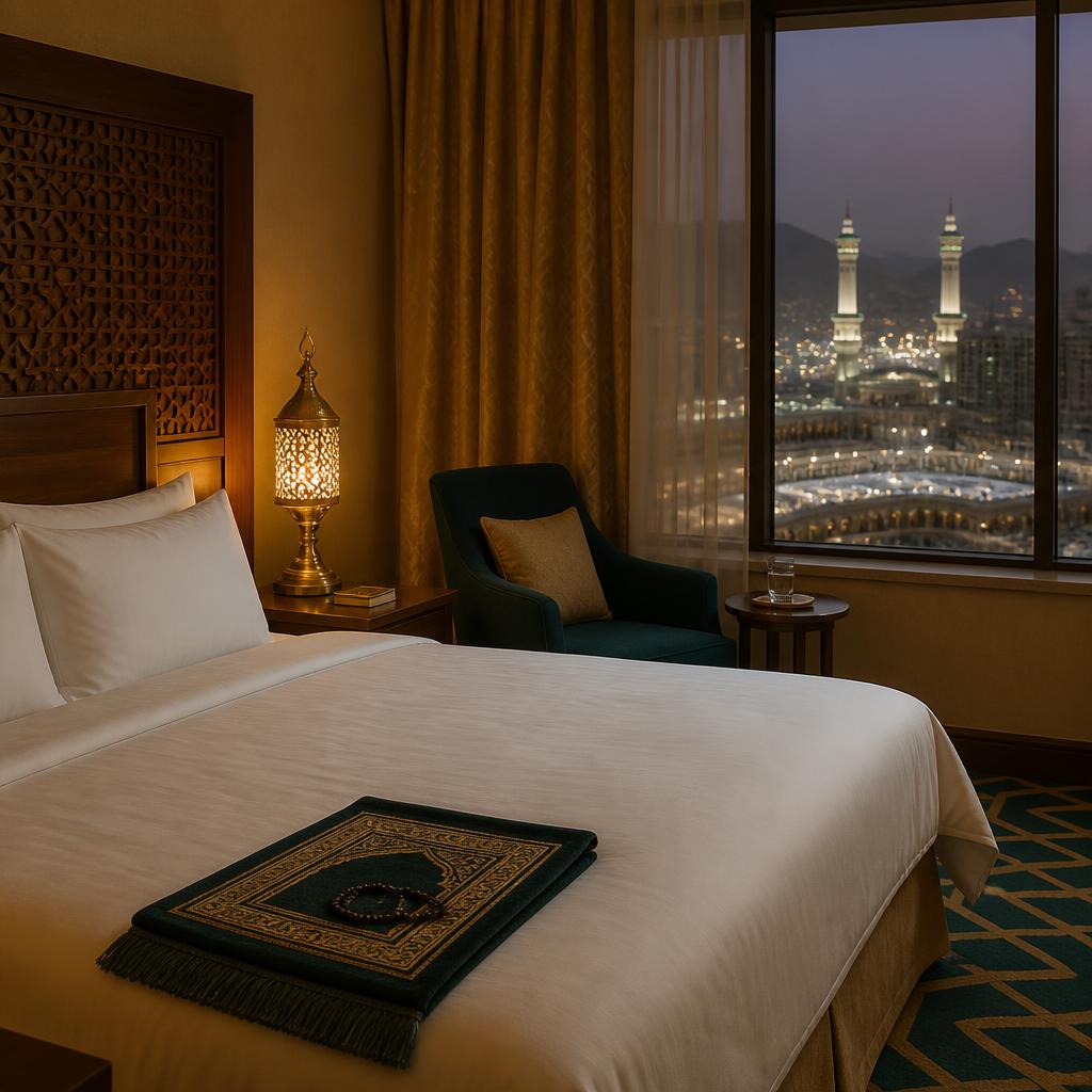 Hotel room with prayer mat overlooking the Haram